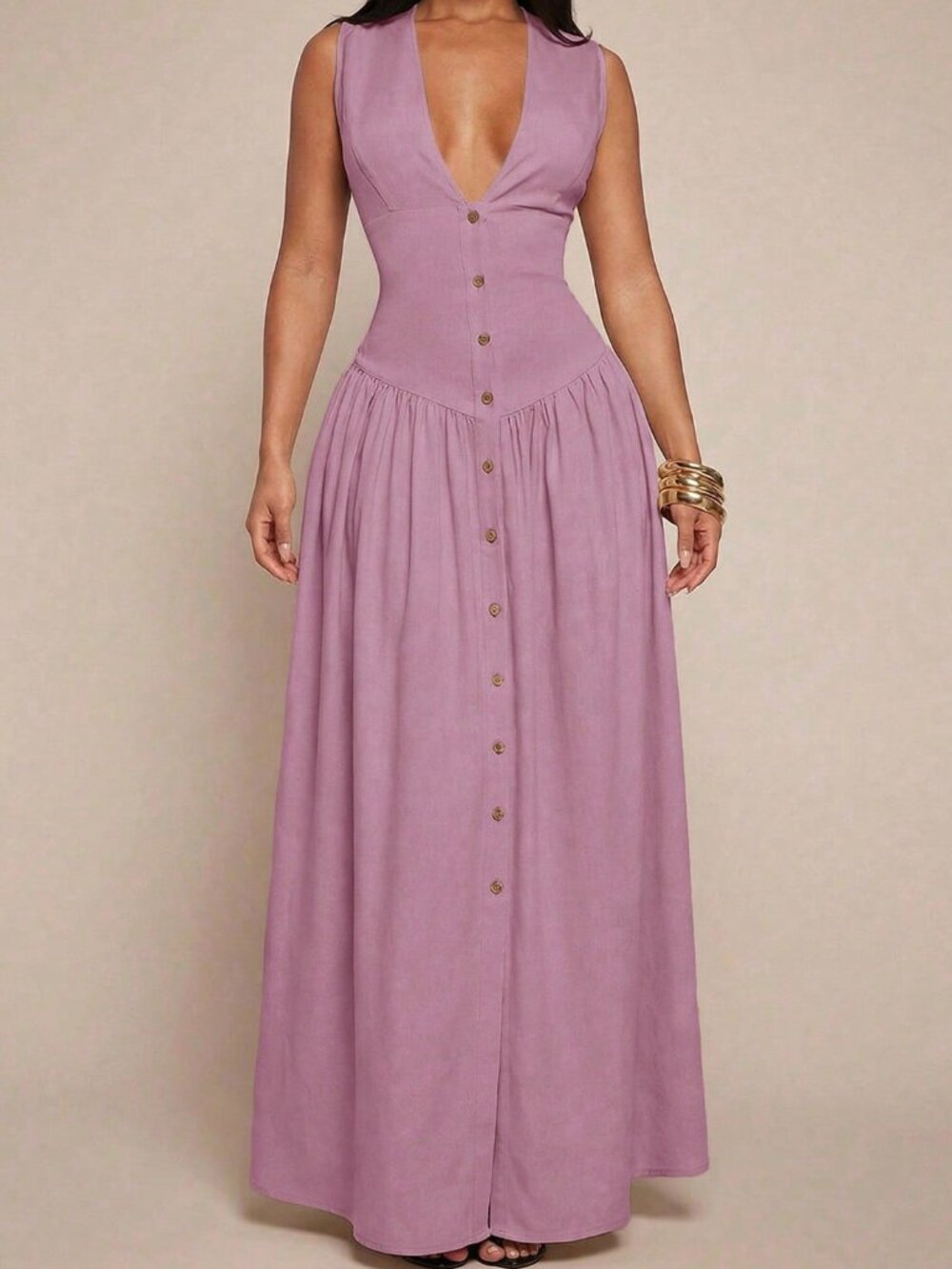 Purple Elegant Women's Minimalist V-Neck Cinched Button Front Shirt dress - Picture 3 of 6